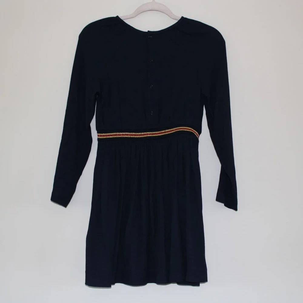 NWT Bonpoint Girl's Julie Dress Long Sleeve Navy Wool Viscose Red Gold Stripe 12